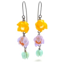 Image 1 of Art Glass Earrings: Three-Tiered Blooms in Bright Yellow, Pale Lavender & Light Teal