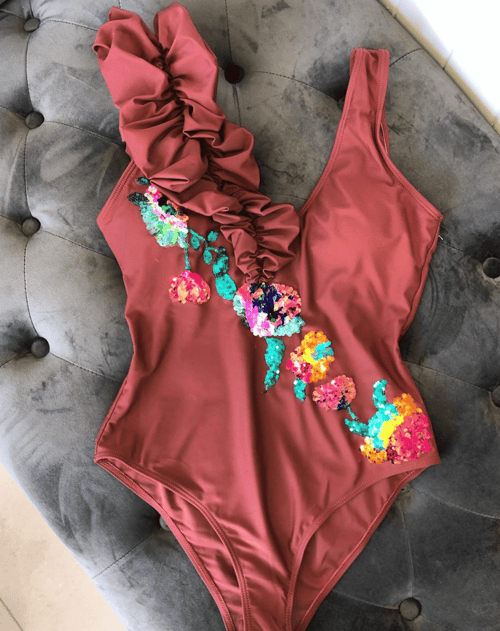 Image of Chestnut Puff Sleeve Sequin Floral Swimsuit