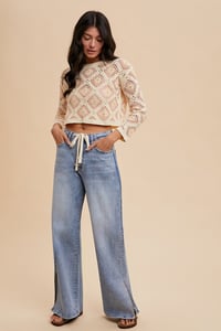 Image 1 of WAIST STRAP DETAIL STRETCH SIDE SLIT WIDE LEG JEAN - APRIL