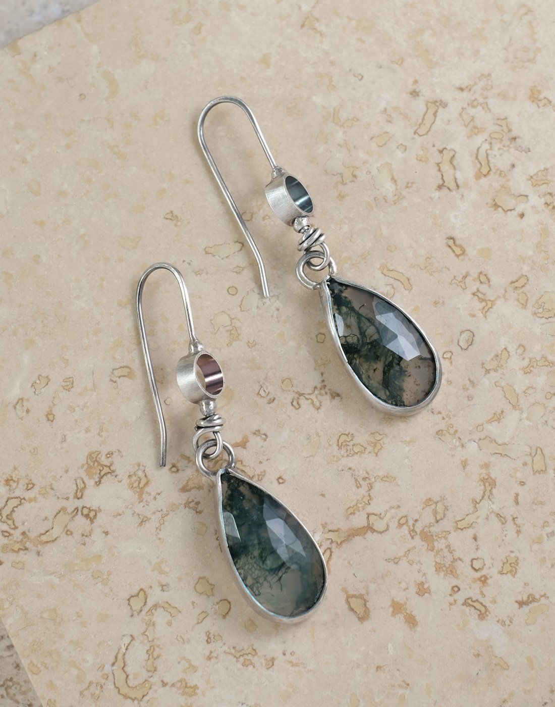 Image of Rose Cut Moss Agate and Sterling Silver Earrings
