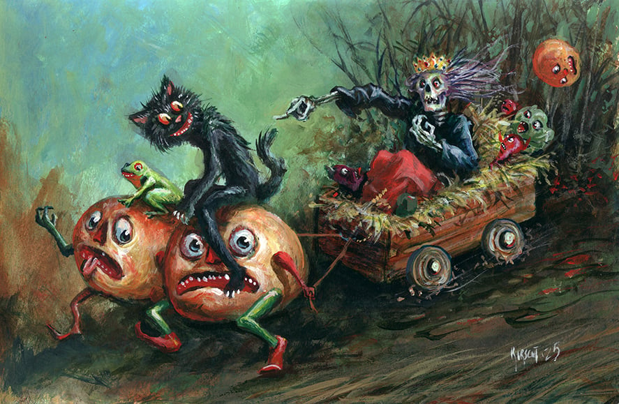 Image of "Market Delivery" the January 2025 Shiverbones Halloween Postcard