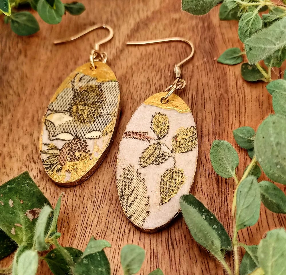 Image of Wooden Fairy Earrings Gold Green - OOAK