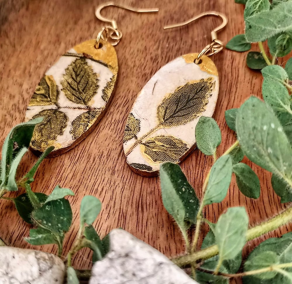 Image of Wooden Fairy Earrings Gold Green - OOAK