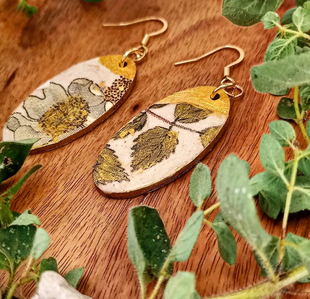 Image of Wooden Fairy Earrings Gold Green - OOAK
