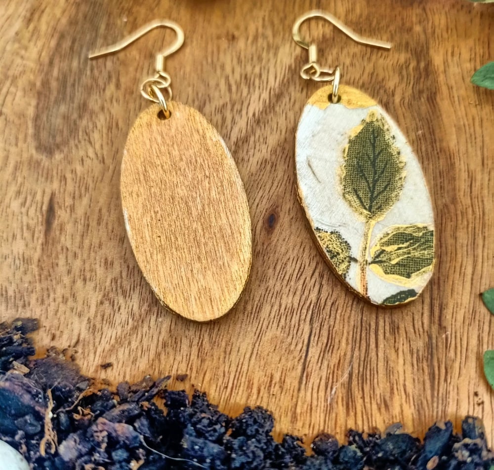 Image of Wooden Fairy Earrings Gold Green - OOAK