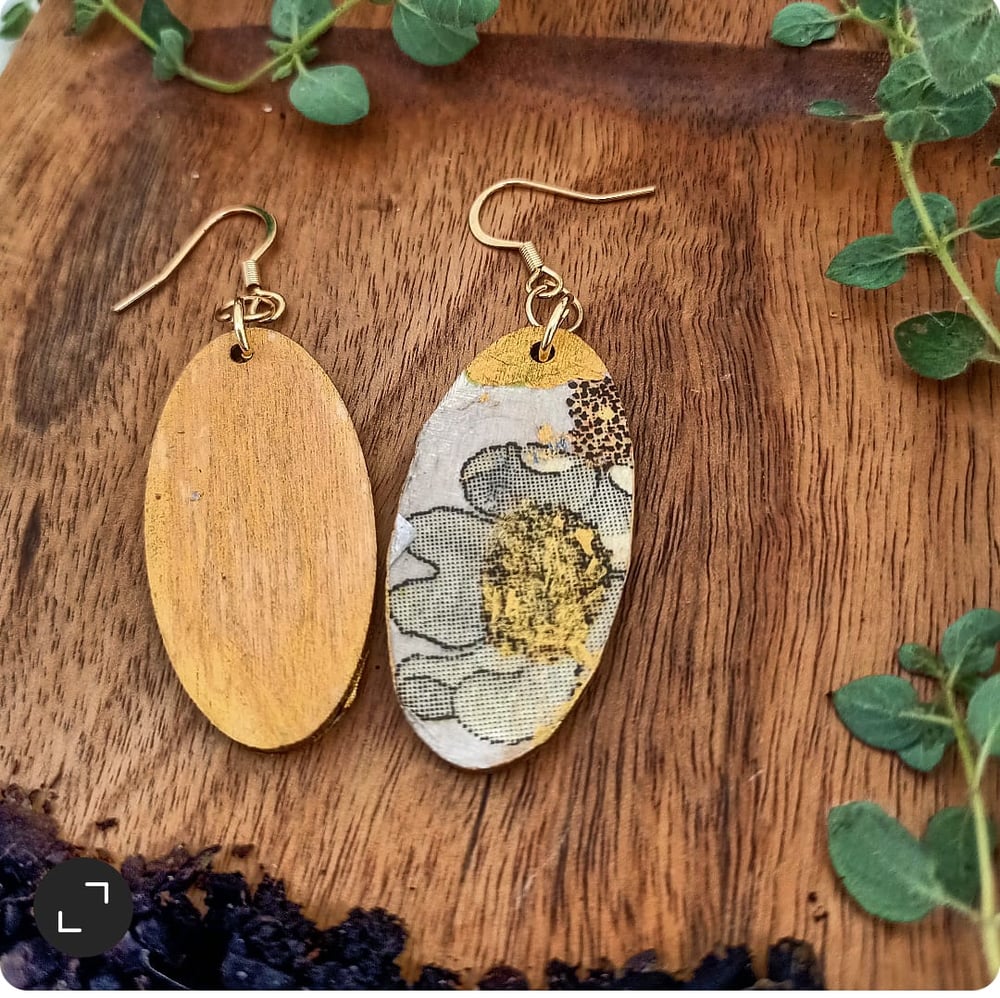 Image of Wooden Fairy Earrings Gold Green - OOAK