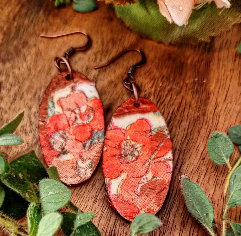 Image of Wooden Copper Fairy Flower Earrings - OOAK