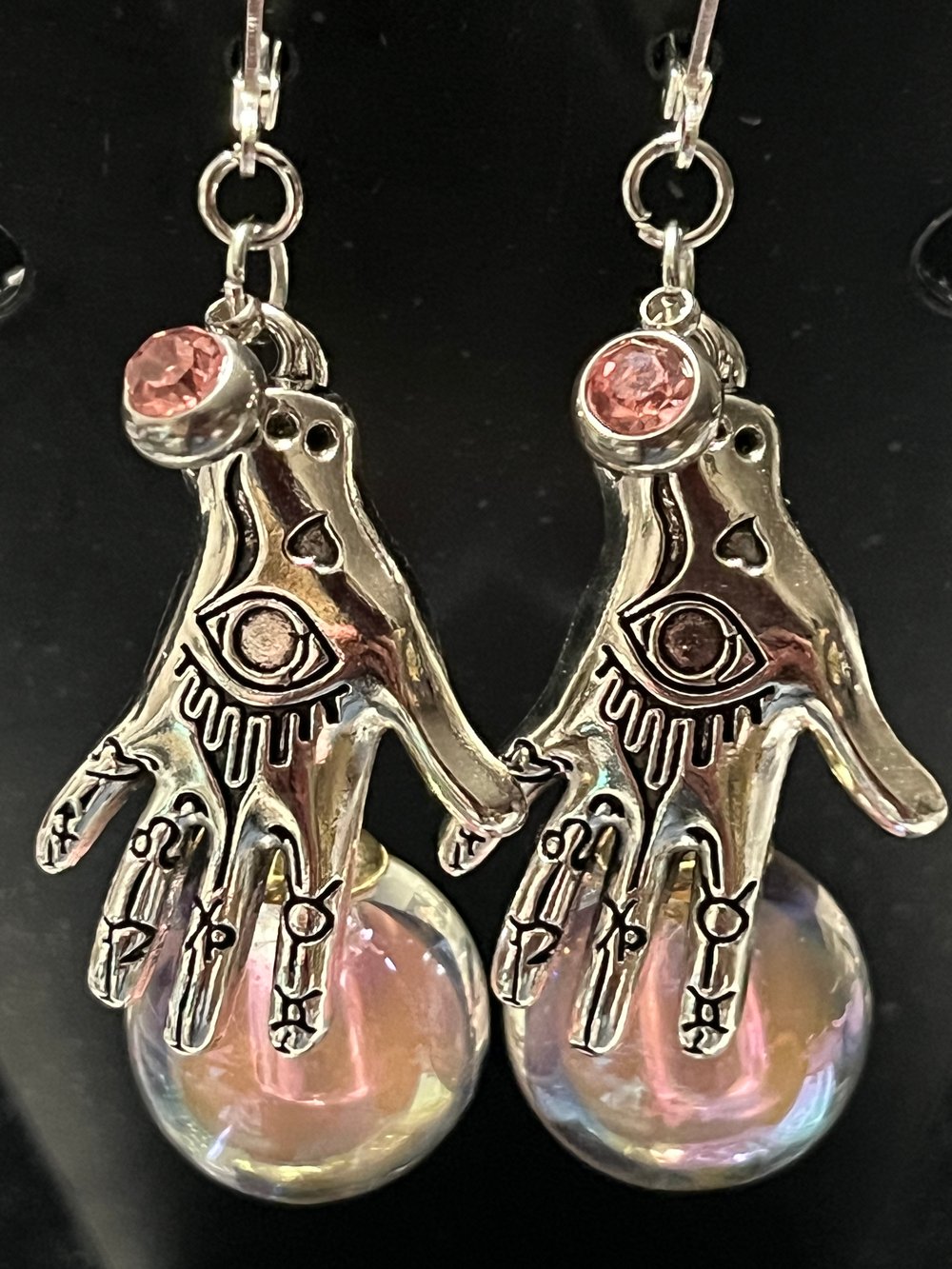Image of Gypsy hand with crystal ball locking clasp earrings 