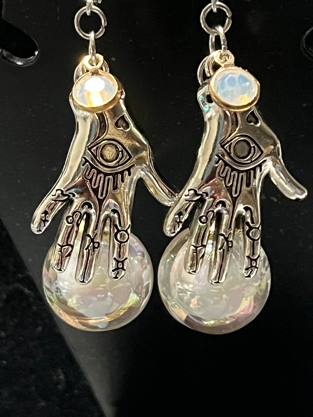 Image of Gypsy hand with crystal ball locking clasp earrings 