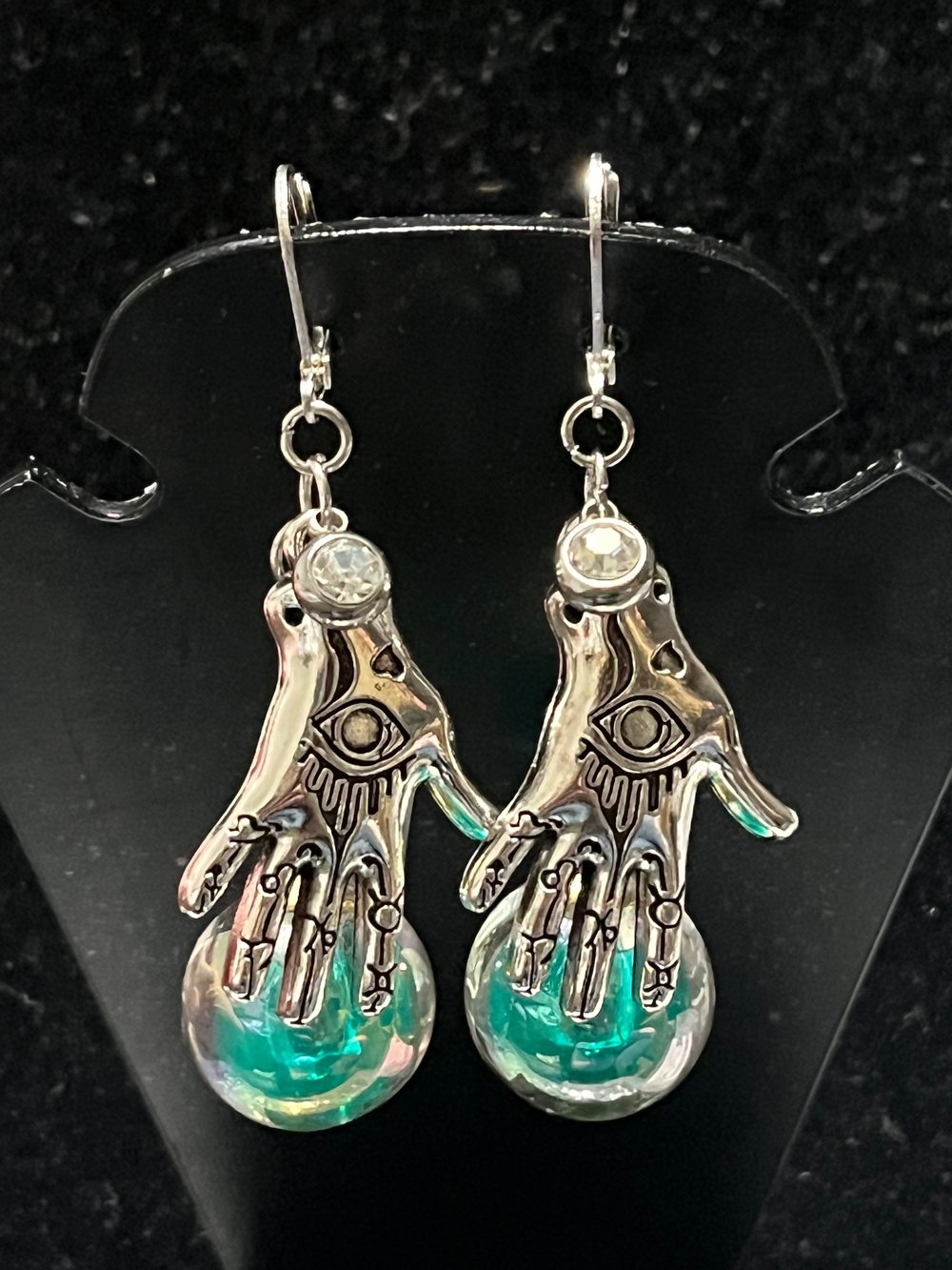 Image of Gypsy hand with crystal ball locking clasp earrings 