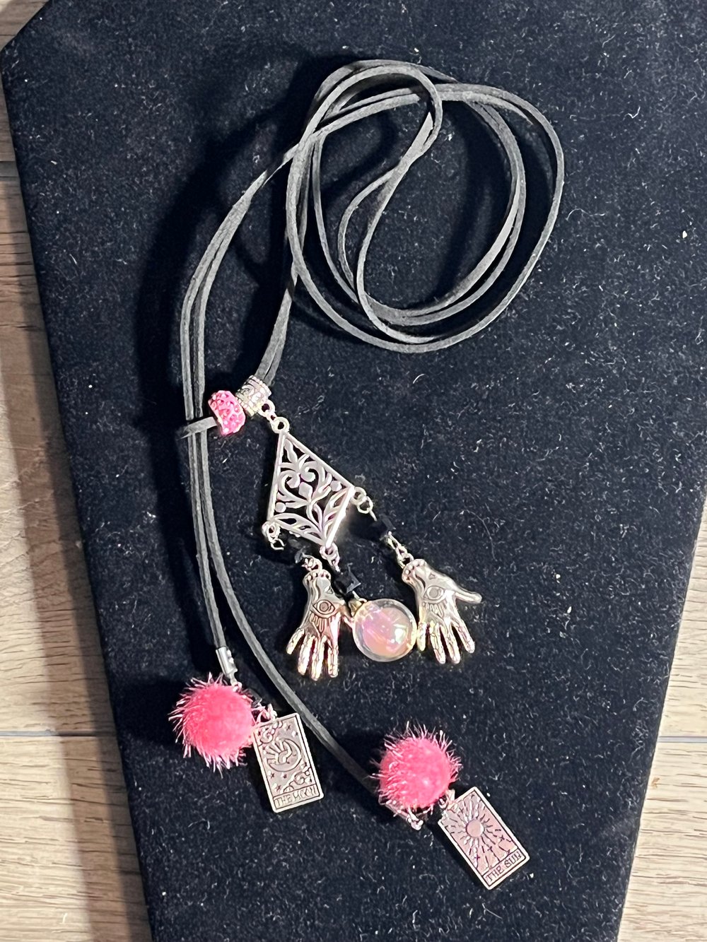 Image of Gypsy hand with crystal ball and tarot card bolero necklace