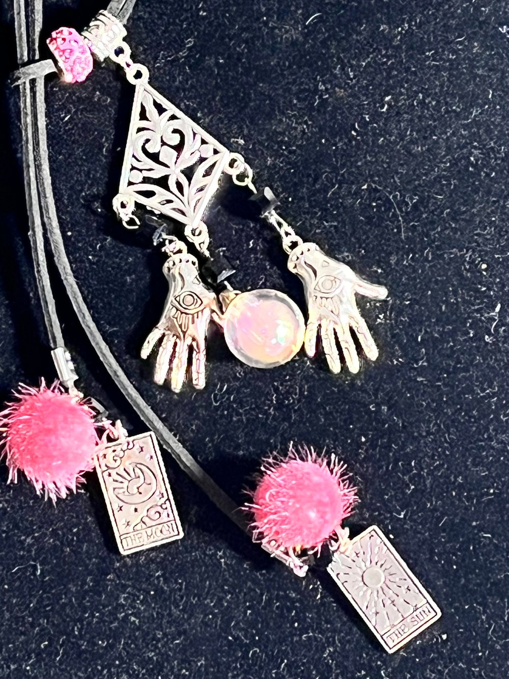 Image of Gypsy hand with crystal ball and tarot card bolero necklace
