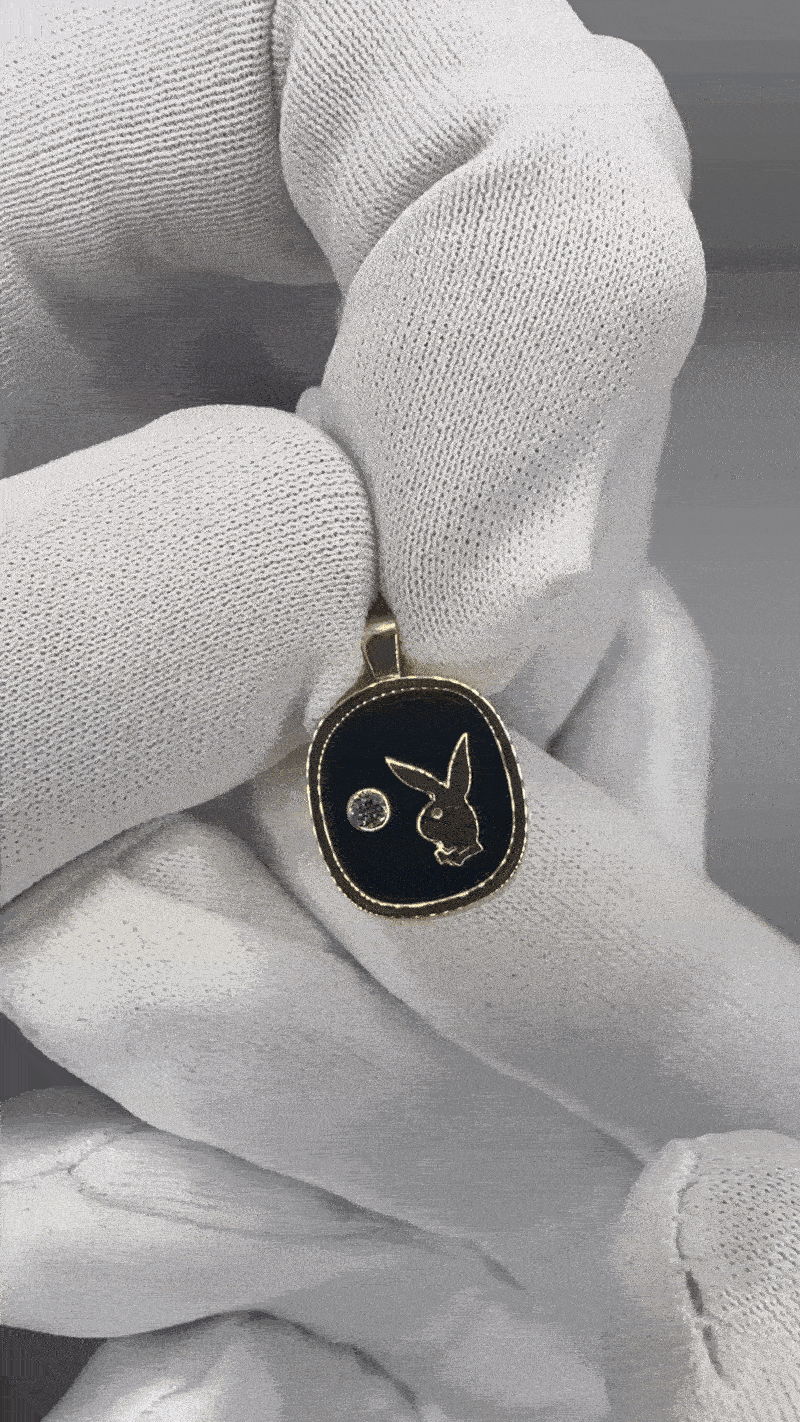 Image of 9K Vintage Diamond Playboy Onyx Charm Pendant (Custom)