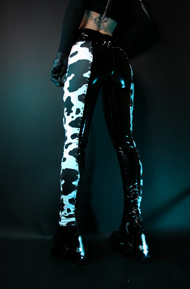 Image of COW PRINT AND PVC HIGH WAIST PANTS