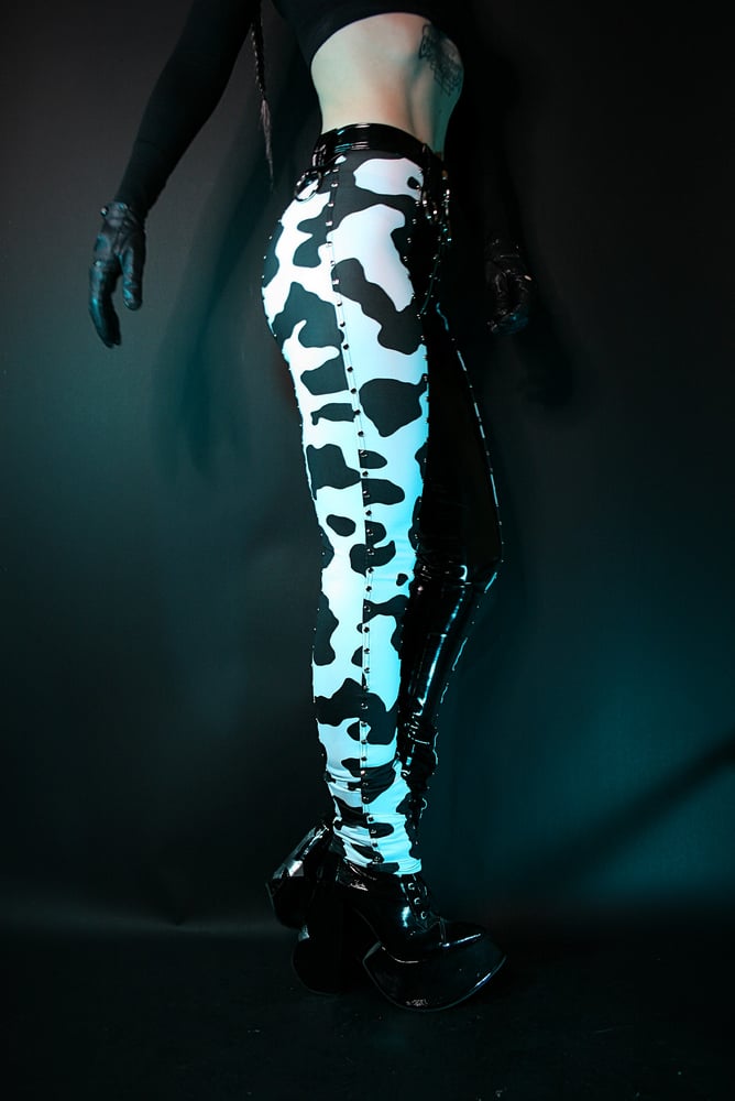 Image of COW PRINT AND PVC HIGH WAIST PANTS