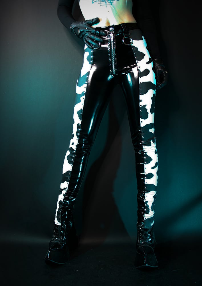 Image of COW PRINT AND PVC HIGH WAIST PANTS