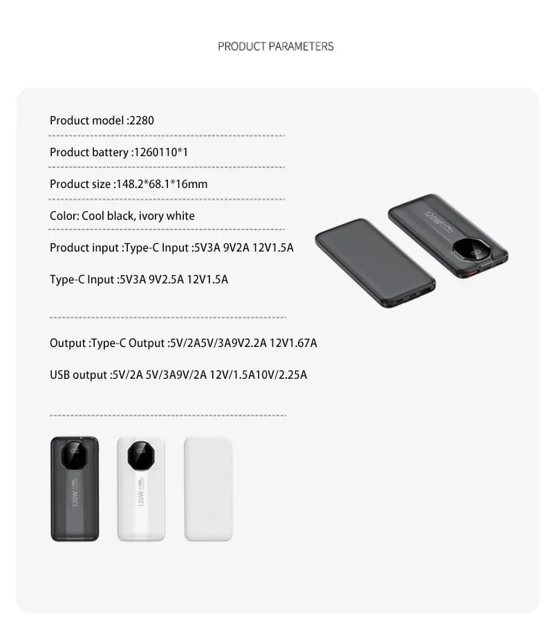 MSL 20000mAh 120W Power Bank with Built-In Cable and Fast Charging