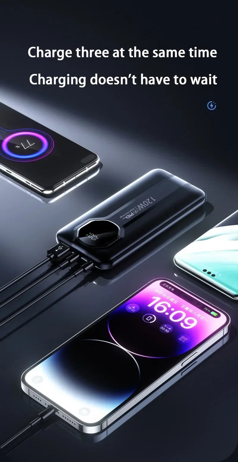 MSL 20000mAh 120W Power Bank with Built-In Cable and Fast Charging