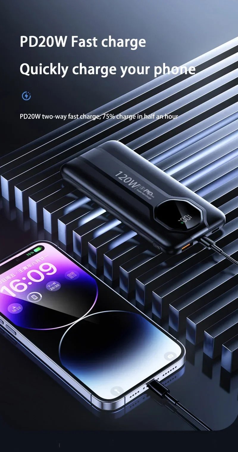 MSL 20000mAh 120W Power Bank with Built-In Cable and Fast Charging