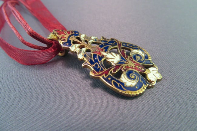 Enameled Spoon Handle Pendant, Vintage Brass Cloisonne Spoon - K0115