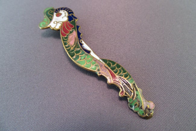 Seahorse Spoon Pendant/Pin, Vintage Brass Cloisonne Enamel Spoon Handle - K0024