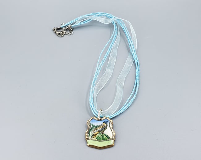 Enamel Woodsy Bird Pendant, Vintage Silverplate Collector Spoon Handle - K0282