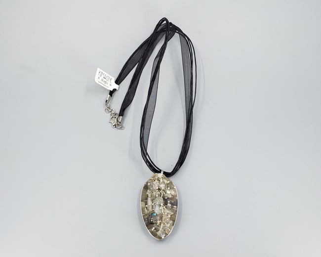 Spoon Pendant with Tumbled Labradorite Chips, Vintage silverplate teaspoon - K0177