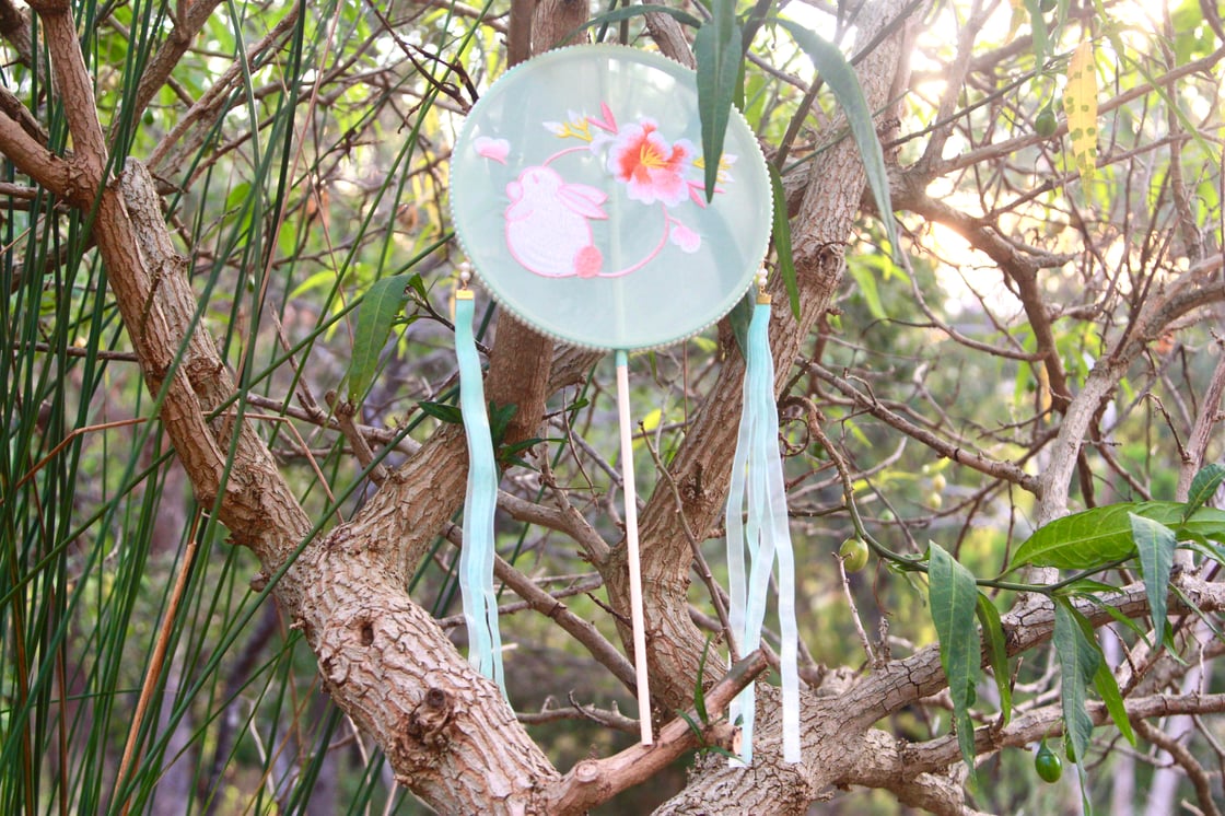Image of Museum Co-branded Chinese Traditional Handmade Silk Woven Fan - Lovely Rabbits