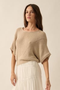 Image 3 of Short-Sleeve Pointelle Ribbed Knit Sweater (1/25)