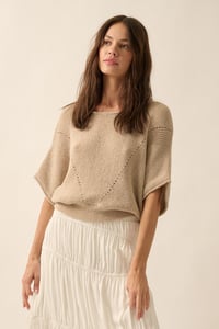 Image 1 of Short-Sleeve Pointelle Ribbed Knit Sweater (1/25)