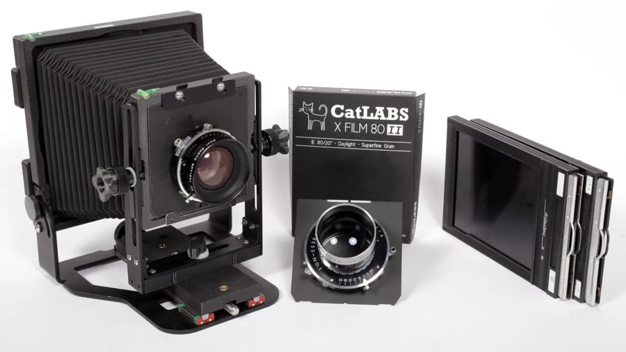 Image of Intrepid 4X5 MKIV BLACK Field camera w/ 125mm + 250mm lenses + holders + film #5631