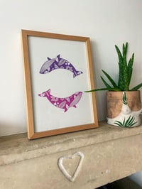 Sérigraphie duo baleines originale - Affiche baleine A4 - illustration baleines