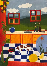 'Lu with ladybug in the kitchen'