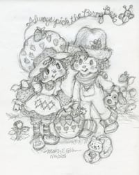 Image 1 of Berry Picking Original Pencil Drawing by Muriel Fahrion Double Matted