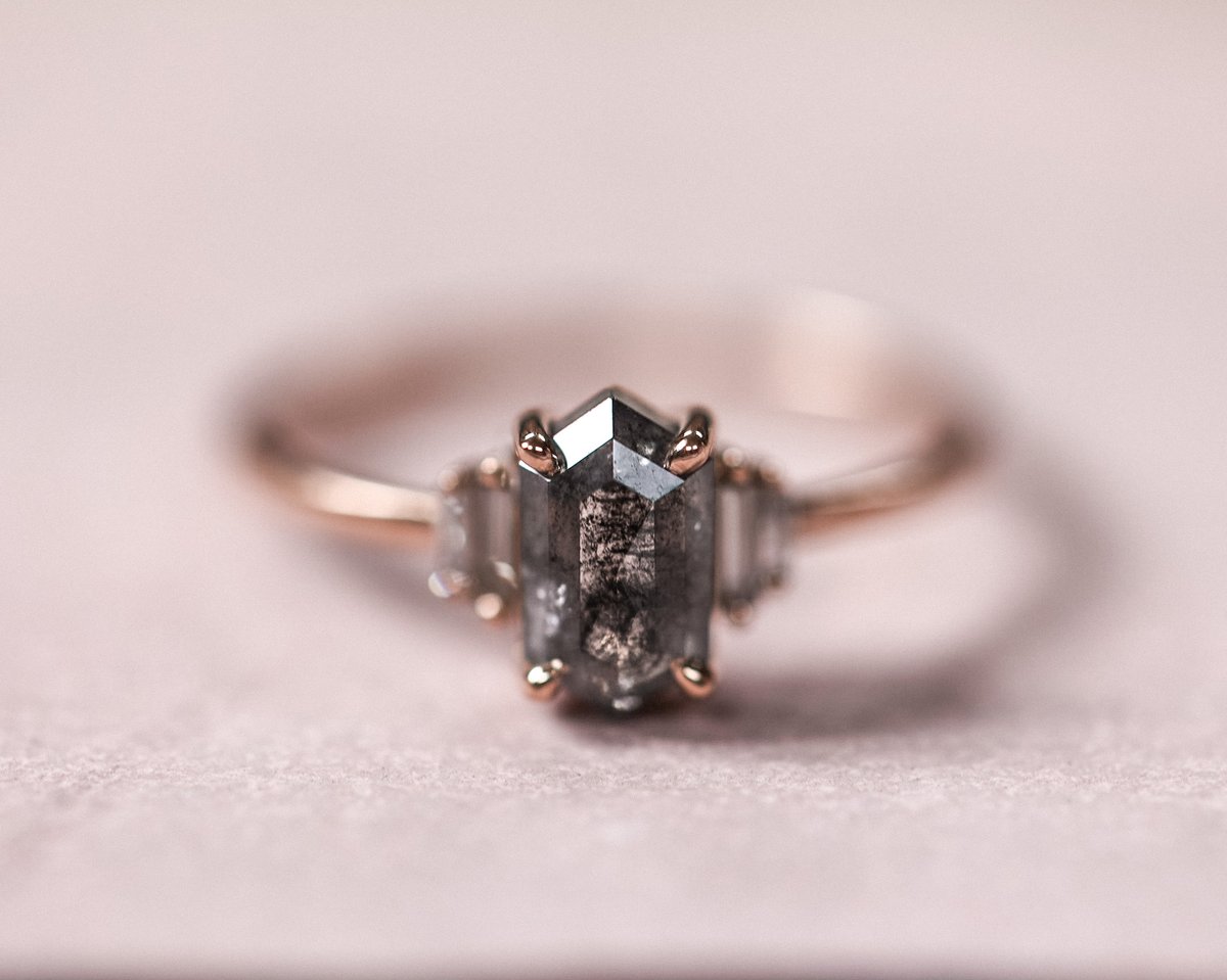 Image of 18ct Rose gold, Dark Grey Hexagonal Rose-Cut diamond ring (LON242)