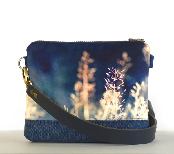 Image of Meadow grasses, velvet shoulder bag with crossbody strap