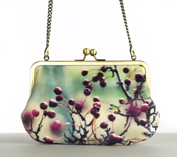 Image of Hawthorn berries, velvet kisslock shoulder bag with shoulder strap