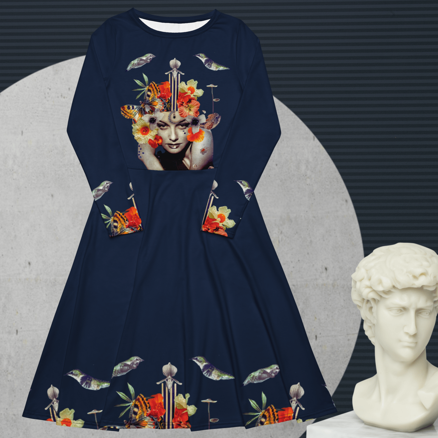 Image of Rhythm of the Moon - Navy - All-over Print Long Sleeve Dress With Pockets