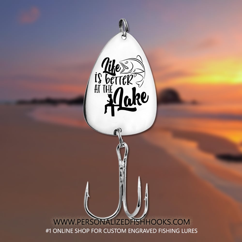 Image of Stainless Steel Fish Hook Engraved with "Life is Better at the Lake"