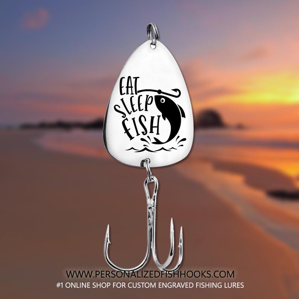 Image of Stainless Steel Fish Hook Engraved with "Eat, Sleep, Fish"