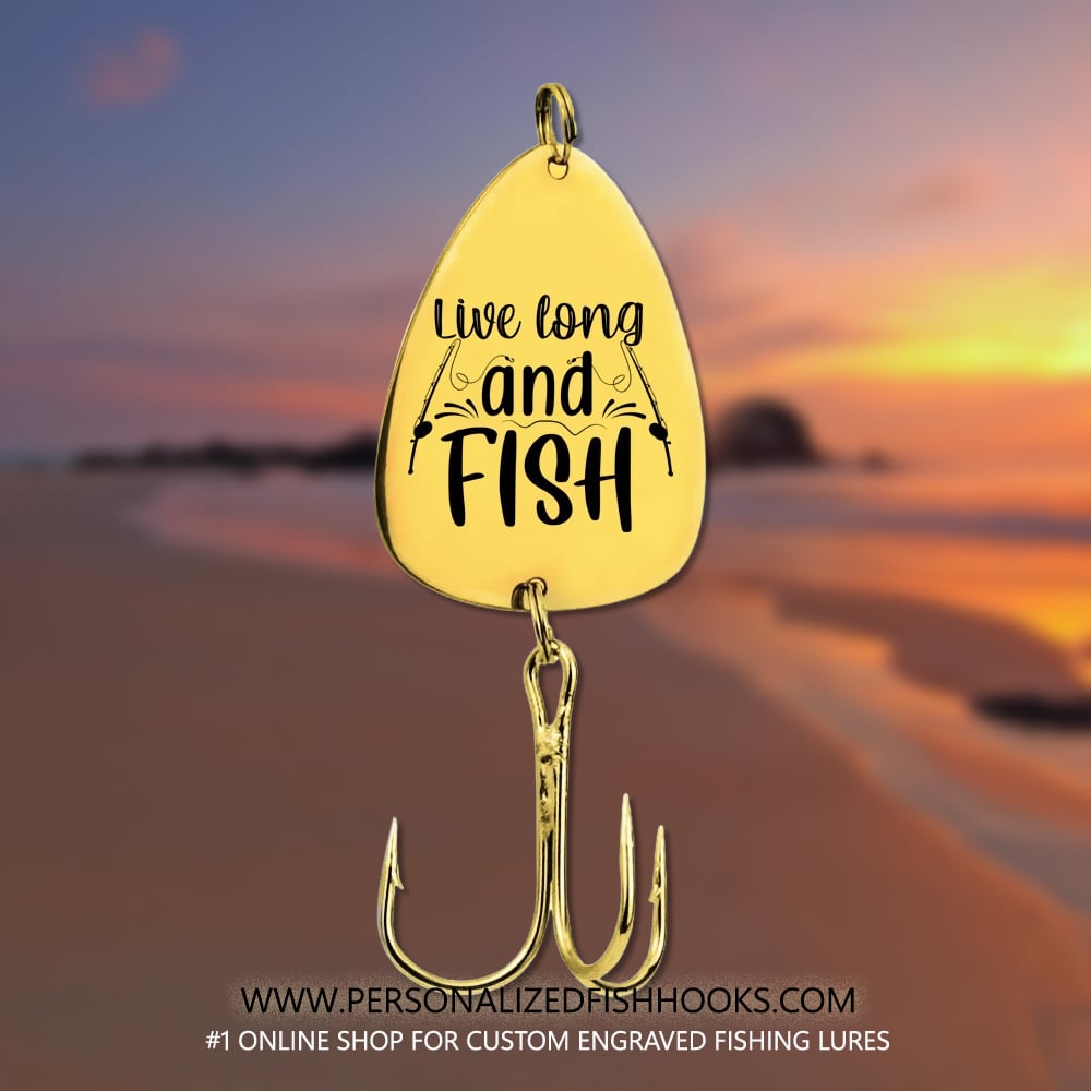 Image of Stainless Steel Fish Hook Engraved with "Live Long and Fish" – Fun Personalized Gift for Anglers