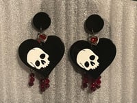 Image 2 of Black hearts with skulls blood drop earrings 