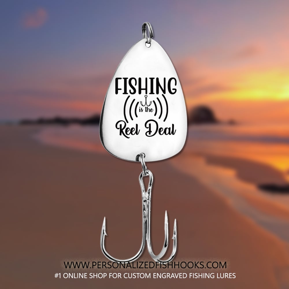 Image of Stainless Steel Fish Hook Engraved with "Fishing Reel Deal" – Personalized Gift for Anglers