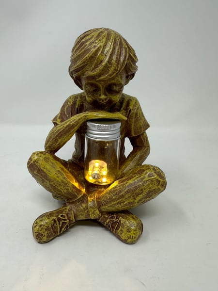 Image of Little Boy Figurine Sculpture Holding Jar LED Light - Free Shipping