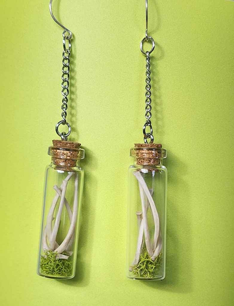 Image of mossy squirrel bone jar earrings 