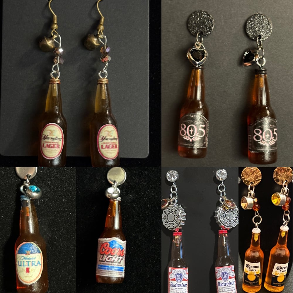 Image of beer bottle mini dangle earrings coors, Michelob ultra, bud, corona, 805, etc 