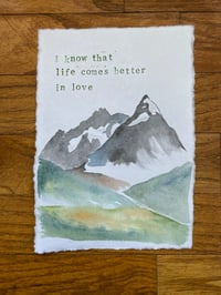 "Dripfield" watercolor lyric art, loose mountain scene