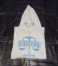 Image 1 of WHITE/BLUE "DIFFERENT" CROSS HOODIE