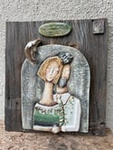 Moonlight Couple Ceramic Sculpture on Wood Wall Art