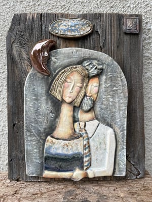 Image of Moonlight Couple Ceramic Sculpture on Wood Wall Art